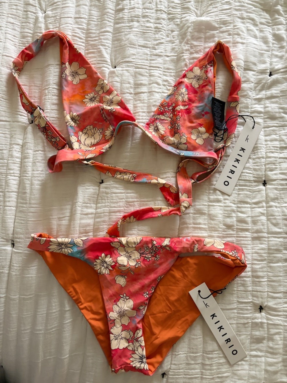 Kikirio Floral Tie-Back Bikini - Coral & Orange